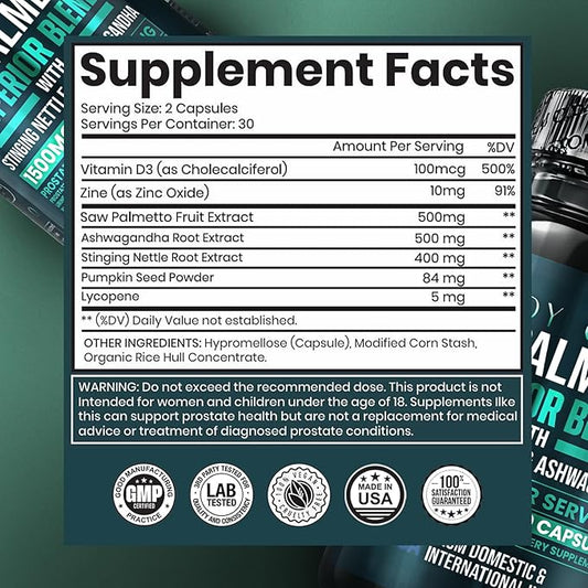 Prostate Superior Saw Palmetto for Men, Stinging Nettle, Ashwagandha, Lycopene, Bladder & Urinary Relief, Prostate Supplement, 60 Capsules 30-Day Supply
