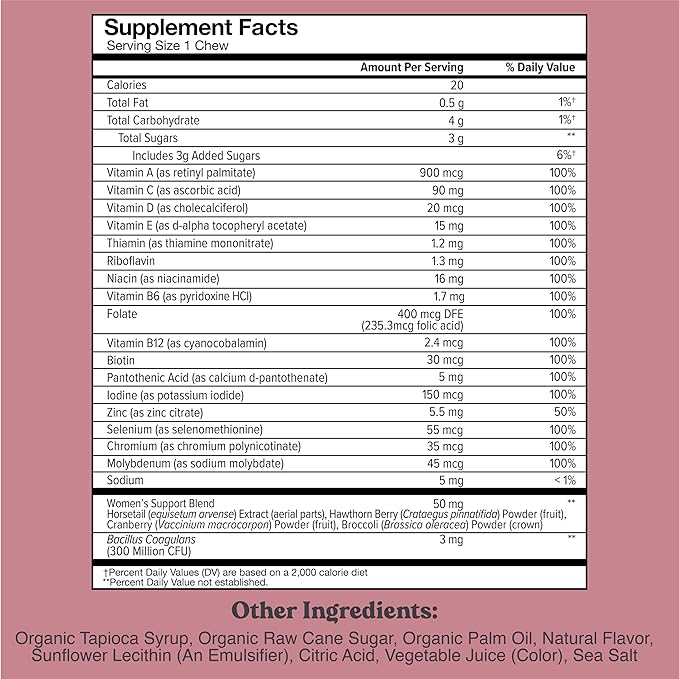 Chewsy - Women's Multivitamin Chews - Immune and Energy Support, Vitamins C, B12, A, D, E, Folic Acid, Probiotics, Biotin - 6-Day Supply
