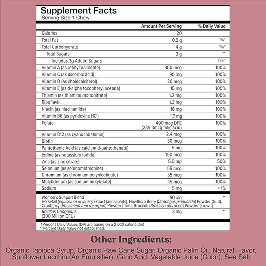 CHEWSY Women's Multivitamin - Immune & Energy Support - 23 Nutrients Including A, B12, C, Folic Acid, Probiotics, Biotin, Cranberry - 30-Day Supply