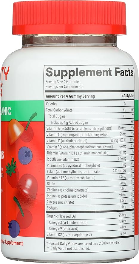 SmartyPants Organic Kids Multivitamin Gummies: Probiotics, Omega 3 (ALA), Vitamin D3, C, Vitamin B12, B6, A, K & Zinc for Immune Support, Biotin, Three Fruit Flavors, 120 Count (30 Day Supply)