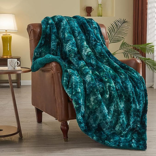 NEWCOSPLAY Super Soft Faux Fur Throw Blanket for Couch Tie-dye Dark Teal Sherpa Fuzzy Plush Warm Blanket for Sofa Bed (Tie-dye Dark Teal, Throw(40"x50"))