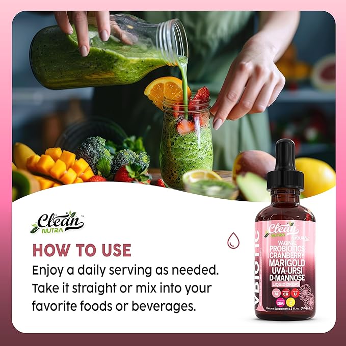 VBiotic Vaginal Probiotic for Women Liquid Drops | Womens Probiotics | Cranberry Uva Ursi Horsetail D-Mannose Prebiotics Marigold & Black Cohosh Vaginal Health Supplement | pH Balance | By Clean Nutra