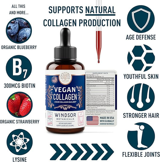 Vegan Collagen Builder Liquid Supplement - Collagen Booster with Vitamin C, Biotin, Hyaluronic Acid & Amino Acids - Organic Fruit & Vegetable Blend - 60ml, 30 Day