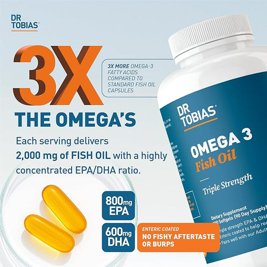 Dr. Tobias Omega 3 Fish Oil, 2000mg Triple Strength with 800mg EPA 600mg DHA Per Serving, Fish Oil Omega 3 Supplements for Heart, Brain & Immune Support, 60 Softgels, 30 Servings