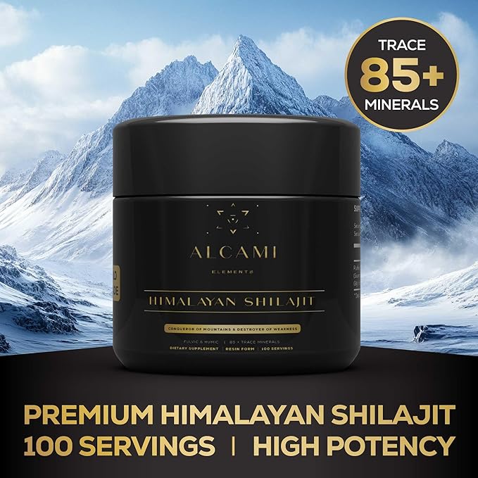 Alcami Pure Himalayan Shilajit Resin - High Potency Gold Grade Shilajit for Men & Women | 100 Servings | 85+ Trace Minerals | 75%+ Fulvic Acid | Lab Tested | 50 Grams | Spoon Included