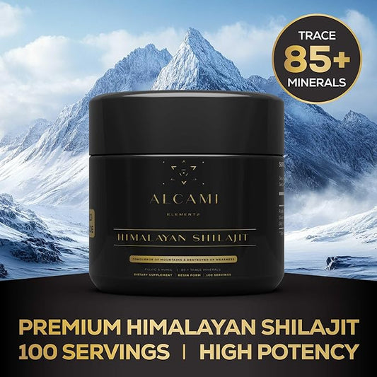 Alcami Pure Himalayan Shilajit Resin - High Potency Gold Grade Shilajit for Men & Women | 100 Servings | 85+ Trace Minerals | 75%+ Fulvic Acid | Lab Tested | 50 Grams | Spoon Included