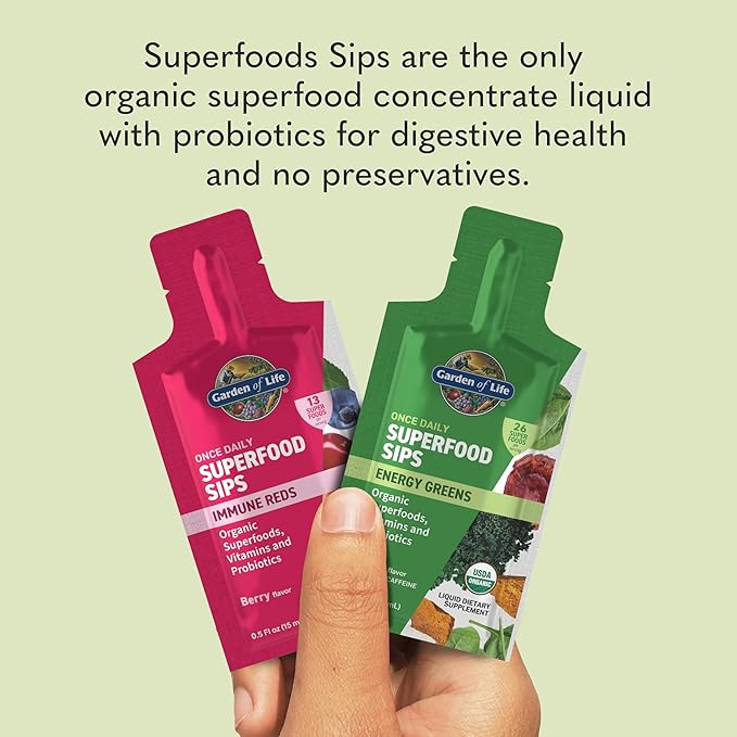 Garden of Life Superfoods Sips Pouches, Vitamins, Probiotics, 26 Organic Superfoods, Energy Greens, Functional Mushrooms, Once Daily, Organic, Vegan, Preservative-Free, Citrus Flavor, 12 Servings