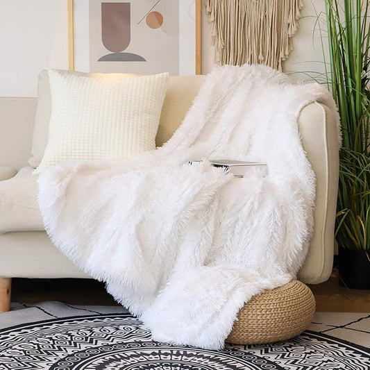 Tuddrom Decorative Extra Soft Faux Fur Throw Blanket 50" x 60",Solid Reversible Fuzzy Long Hair Shaggy Blanket,Fluffy Cozy Plush Fleece Comfy Microfiber Fur Blanket for Couch Sofa Bed,Pure White