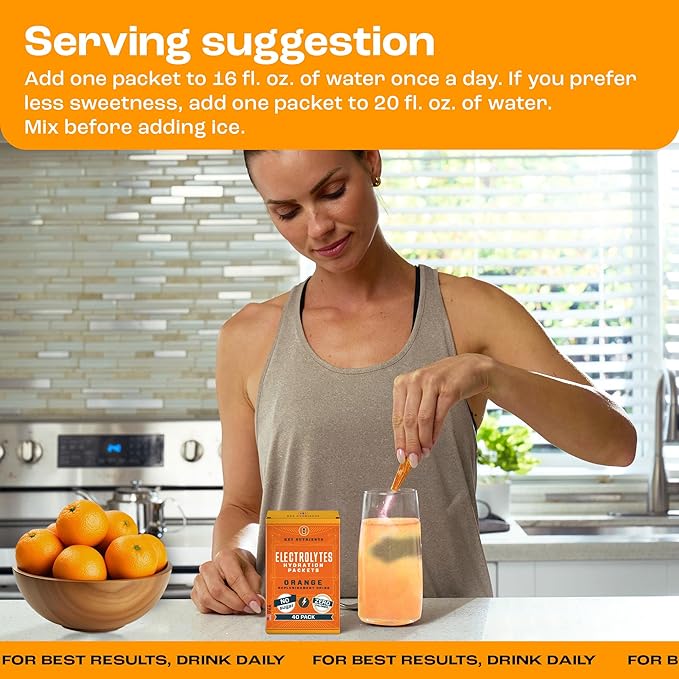 KEY NUTRIENTS Electrolytes Powder Packets - Tangy Orange 40 Pack Hydration Packets - Travel Hydration Powder - Made in USA - No Sugar, No Calories, Gluten Free