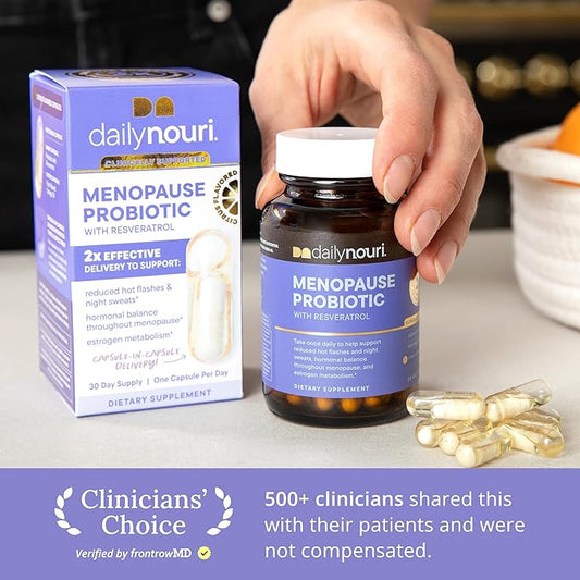 Daily Nouri Menopause Probiotic | Supports Hormonal Balance, Estrogen, Hot Flashes, Night Sweats, Bloating & Gut Health | 3 Clinically Studied Strains + Resveratrol & Vegan Omega Oil | 30-Day Supply