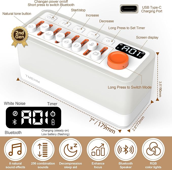 White Noise Sleep Sound Machine with 8 Nature Sounds, Portable Bluetooth Speaker, 12 Colors Night Lights, Sleep Timer & Breathing Exercises, for Babies, Kids, and Adults (S660pro Gen 2, L)
