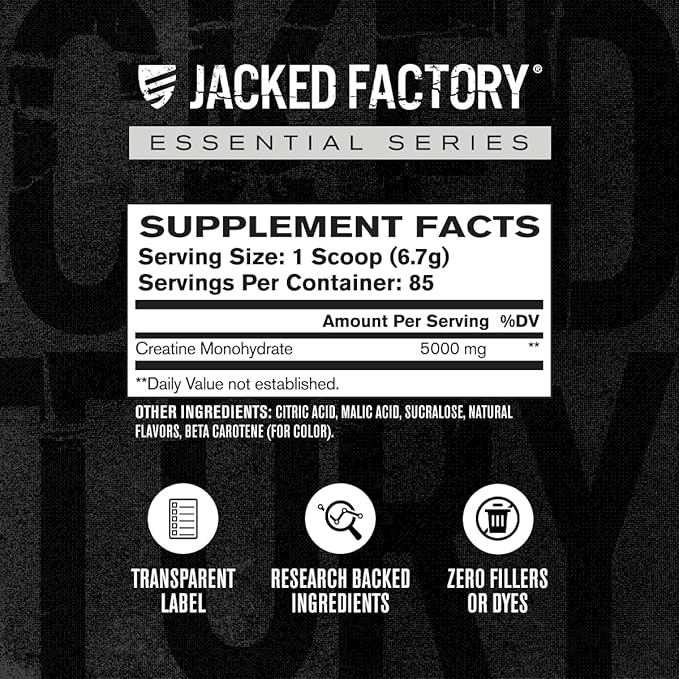 Jacked Factory Flavored Creatine Monohydrate Powder 425g - Creatine Supplement for Muscle Growth, Increased Strength, Enhanced Energy, & Improved Athletic Performance - 85 Servings, Peach Mango