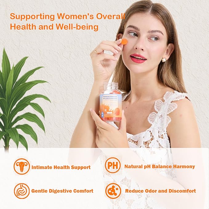 Premium Feminine Balance Gummies – Probiotic for Women’s pH Balance & Odor Control Suppert Vaginal Health,Natural Orange Flavor Vegan, Gluten-Free, 60 Count