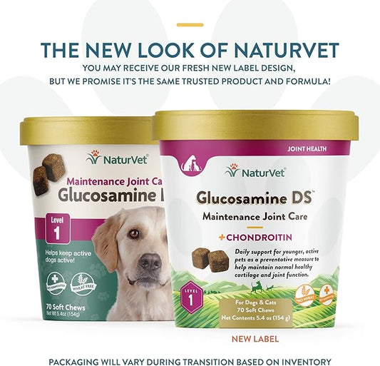 NaturVet Glucosamine DS Level 1 Maintenance, Joint Care Support Supplement for Dogs and Cats, Soft Chews, Made in The USA