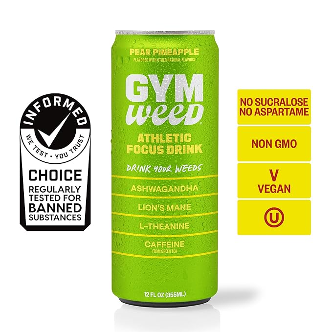 GYM WEED Athletic Focus Drink with KSM-66 Ashwagandha, Lion's Mane Mushroom, L-Theanine, 200mg Green Tea Caffeine with Natural Sweeteners Pear Pineapple Flavor, 12 Pack