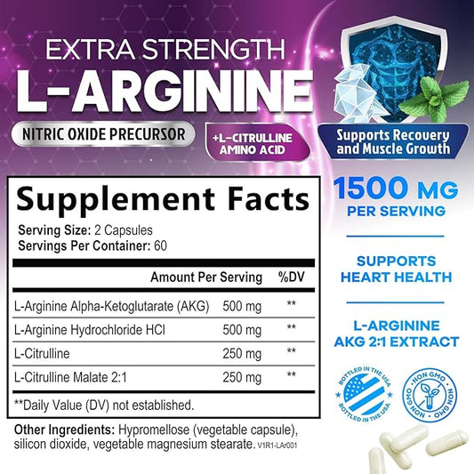 L-Arginine 1000mg Supplement - Heart Health Support - Premium Muscle Supporting Nitric Oxide Precursor Booster for Extra Strength - Gluten Free, Amino Acid Energy Blend For Men & Women - 120 Capsules
