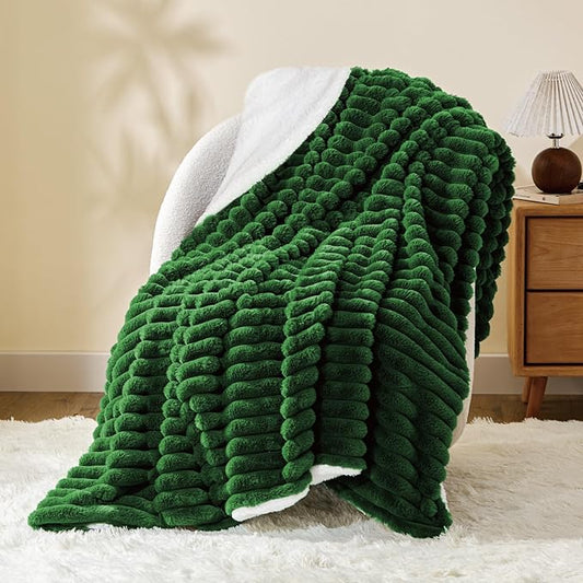 INFIIXSO Sherpa Throw Blanket for Couch - Super Soft & Warm Striped Fleece Blanket, Cozy Plush Fluffy Blanket All Season Use (Dark Green, 60x80 Inches)