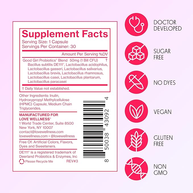Love Wellness Good Girl Probiotics | Women’s Vaginal Health & pH Balance Supplement | 9-Strain Probiotic for Urinary Tract, Yeast, Odor & Immune Support | Gluten-Free | 30 CT, 30-Day Supply