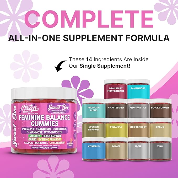 Clean Nutra Feminine Balance Gummies for Women Pineapple VaginalProbiotics pH Balance Cranberry D Mannose Supplement Inositol Black Cohosh Evening Primrose Garlic Vitex GLA Prebiotics Folate 60ct