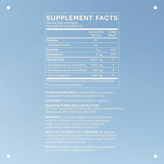 LTH Glow Omega-3 Fish Oil - Trusted by Life Time Fitness Members - NSF Certified for Sport - Supports Brain & Heart Health - Aids Healthy Skin, Hair & Nails - Gluten Free & Soy Free - 30 Servings