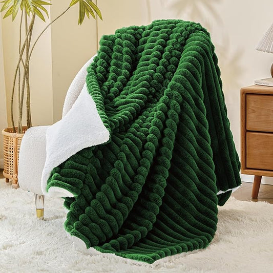 INFIIXSO Sherpa Throw Blanket for Couch - Super Soft & Warm Striped Fleece Blanket, Cozy Plush Fluffy Blanket All Season Use (Dark Green, 60x80 Inches)