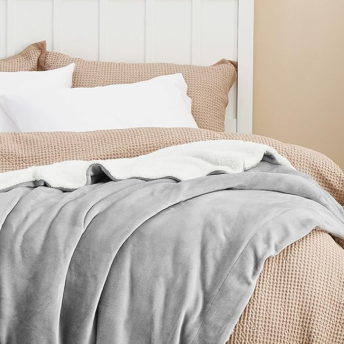 Bedsure GentleSoft Sherpa Fleece Blankets King Size for Bed - Thick and Warm, Soft Fuzzy Plush King Blanket for Winter, Light Grey, 108x90 Inches