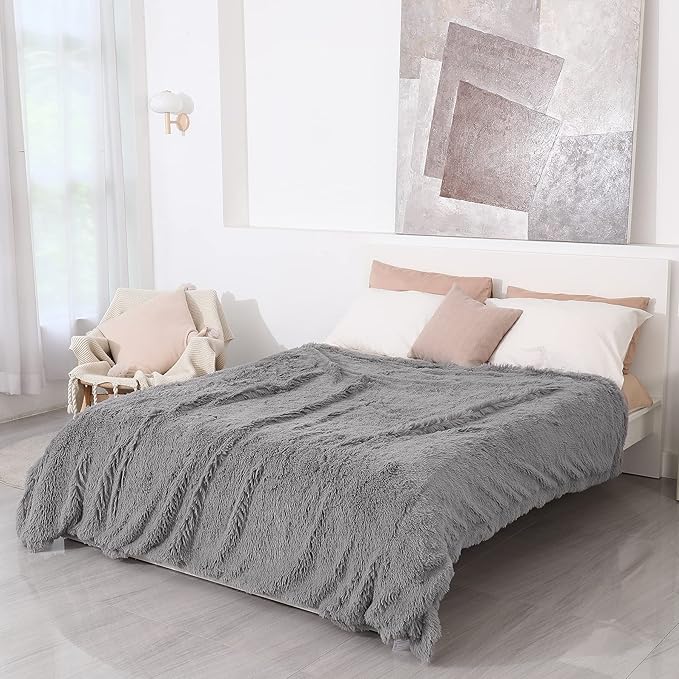 Tuddrom Decorative Extra Soft Faux Fur Blanket Queen Size 80" x 90",Solid Reversible Fuzzy Fluffy Cozy Plush Fleece Comfy Microfiber Blanket for Couch Sofa Bed,Grey