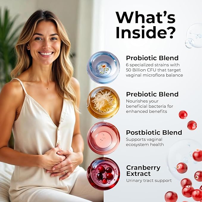 Women’s Probiotic for Vaginal Health | 50 Billion CFU with Probiotics, Prebiotic, Postbiotics & Cranberry for pH Balance, UTI Support, Yeast, Gut Health, Odor, Dryness & Feminine Comfort