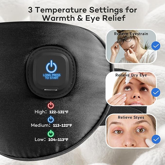 Ezona Silk Cordless Heated Eye Mask, Warm Eye Compress Mask for Dry Eyes, Washable Eye Heating Pad for Travel, Dry Eyes, Blepharitis, Sinus Migraine (Black)