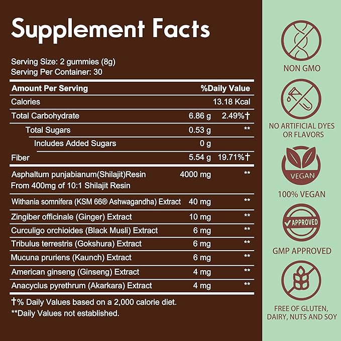 Shilajit Gummies for Men and Women I 4000mg Pure Himalayan Shilajit I 75%+ Fulvic Acid I Ashwagandha and 6+ Natural Ingredients I Non-GMO and No Added Sugar I 60 Count - BlackBerry Flavor