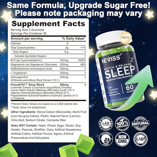 NEVISS Melatonin Free Sleep Aid Gummies for Adults - Magnesium Glycinate Gummies | GABA, L-Tryptophan, Magnesium, Ashwagandha - Non-Habit Forming, Help for Deep Relaxation - Vegan, Lemon Flavor, 1Pack