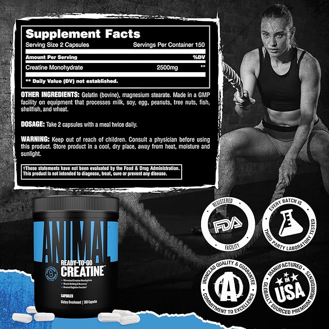 Animal Micronized Creatine Monohydrate Capsules - 300 Caps, 2500mg per Serving for Muscle Growth, Strength, and Endurance