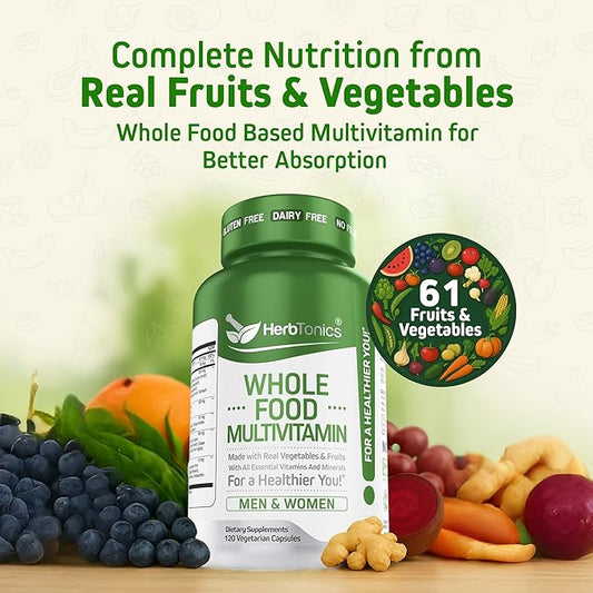 Herbtonics Whole Food Multivitamin for Men & Women – Vegan Multivitamin with Real Fruits & Veggies, Probiotics, CoQ10, Turmeric & More – 60 Capsules