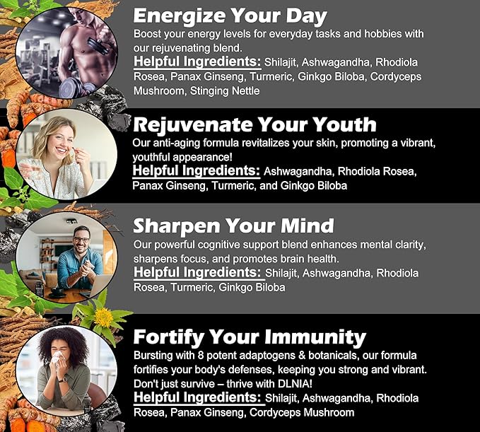 8-in-1 Shilajit for Men & Women with Ashwaganda Himalayan Organic Supplement with Rhodiola Rosea, Ginseng, Turmeric, Mushroom, for Immune Support, Energy, Calm, Focus, Clarity, Sleep, Cortisol