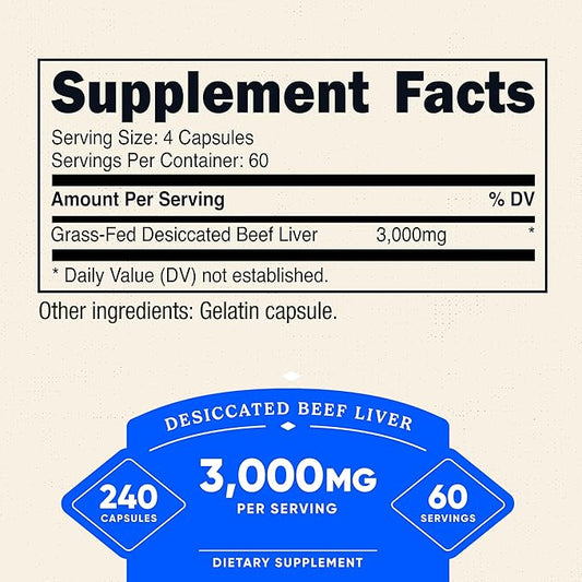 Nutricost Grass Fed Desiccated Beef Liver Capsules 3000mg Per Serv (750mg Per Cap), 240 Cap for 60 Servings - No Hormones, GMO and Gluten Free, Pasture-Raised, Free Range Beef