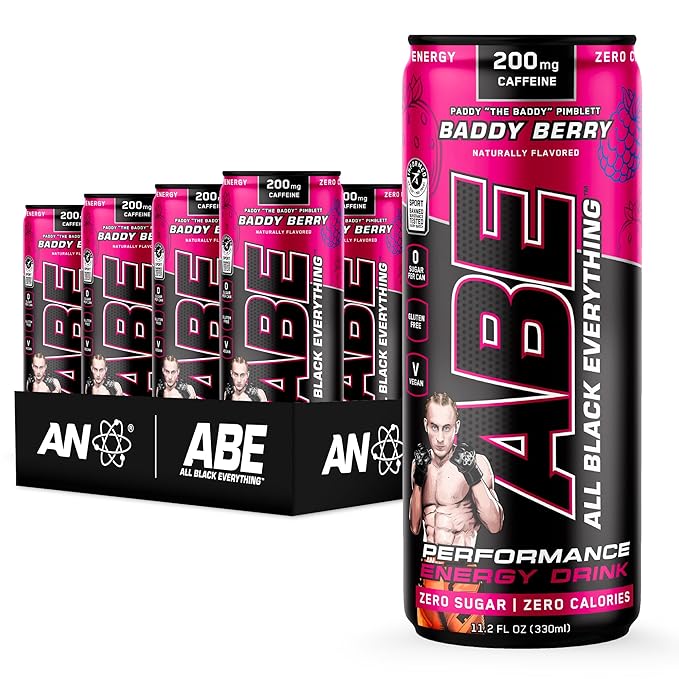 ABE Energy + Performance Sugar Free Energy Drink - All Black Everything Drink With Caffeine, VitaCholine, Dynamine, Citrulline Malate (11oz Can - Pack of 12) (Baddy Berry)