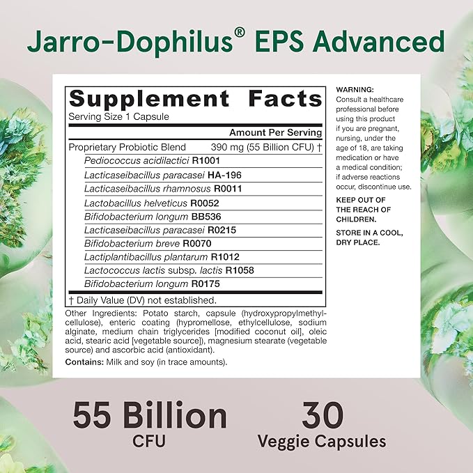 Jarrow Formulas Jarro-Dophilus EPS Advanced, 55 Billion CFU Probiotics, Digestive Support for Adults, 30 Probiotic Supplement Veggie Capsules, Up to 30 Day Supply