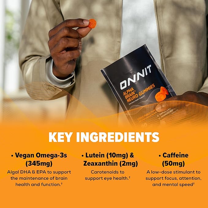 ONNIT Alpha Brain Neuro Focus Gummies - Vegan Gummies with Omega-3s, Lutein, Zeaxanthin & Caffeine - Brain, Eye & Focus Supplement for Men & Women†, Citrus Punch Flavor, 90 Count
