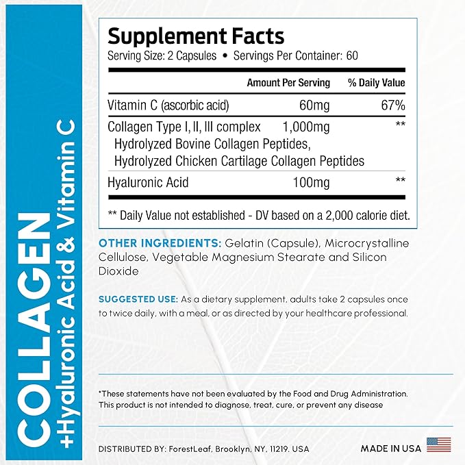 ForestLeaf Multi Collagen Pills with Hyaluronic Acid + Vitamin C | Hydrolyzed Collagen Supplements for Women or Men | Multi Collagen Capsules Peptides for Skin, Wrinkles, 120 Caps