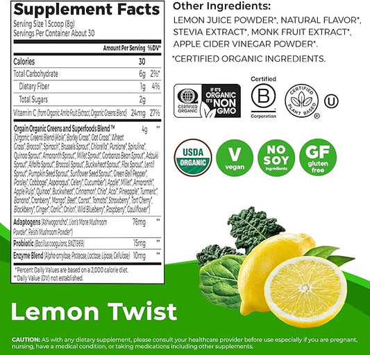 Orgain Supreme Greens Powder with 25 Organic Greens, 50 Superfoods, 1 Billion Probiotics, and Adaptogens, Vegan Greens for Gut Health and Immune Support, 1.5 Servings of Fruit and Veggies, Lemon Twist