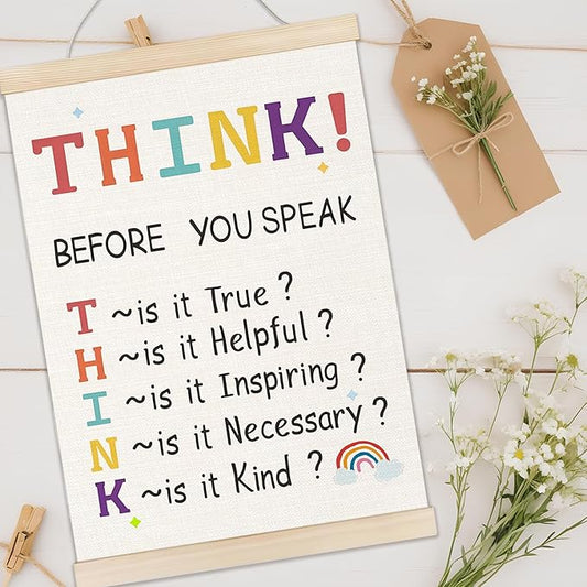 Welshower Boho Classroom Poster Hanger Frame, Think Before You Speak Educational Mental Health Wall Art Prints Decor for Classroom Therapy Counselor Office Framed, 12x16 Inch