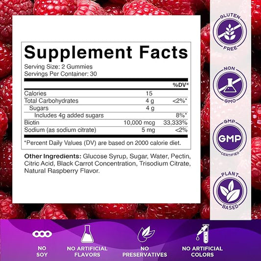 Vitamatic Biotin Gummies 10,000 mcg for Stronger Hair, Skin & Nails - 60 Vegan Gummies - Also Called Vitamin B7 (3 Bottles)