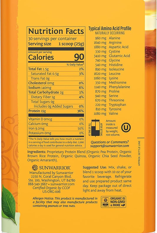 Vegan Organic Protein Powder Plant-based | 5 Superfood Quinoa Chia Seed Soy Free Dairy Free Gluten Free Synthetic Free NON-GMO | Unflavored 30 Servings | Classic Plus by Sunwarrior