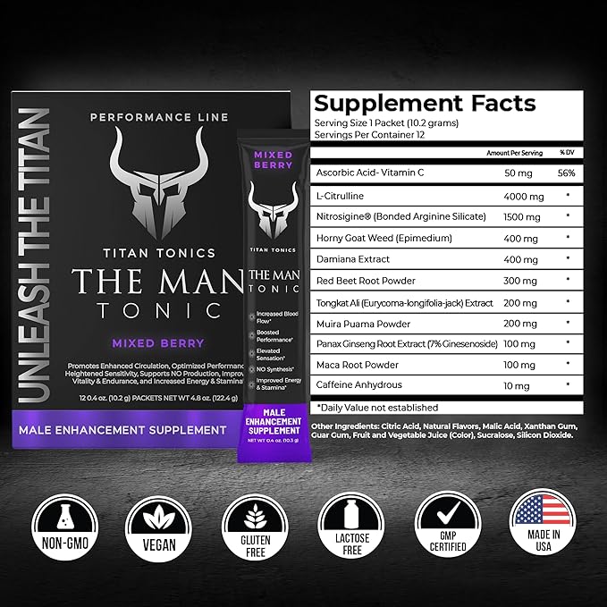 Vitality Support Supplement – Natural Performance Blend with Nitrosigine, L-Citrulline, Horny Goat Weed & Tongkat Ali – for Energy, Stamina & Wellness – 12 Stick Packs