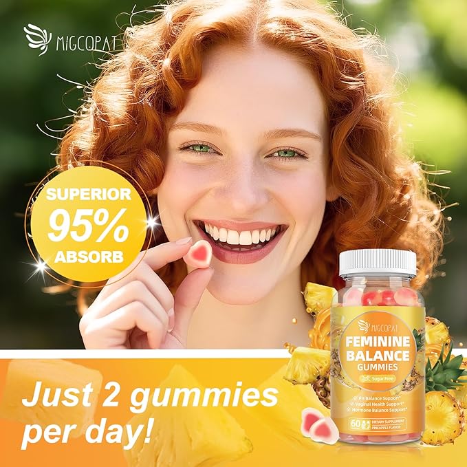 Premium Feminine Balance Gummies – 2 Pack, Probiotic + Enzyme Blend for Digestive, Hormone & PH Balance, Pineapple Flavor, 120 Gummies