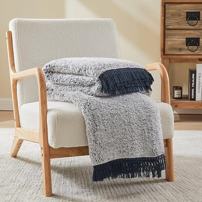 EMME Fuzzy Blanket Soft Fleece Throw Blankets for Women, Fluffy Sherpa Throws(Tassel Navy,60"x80")