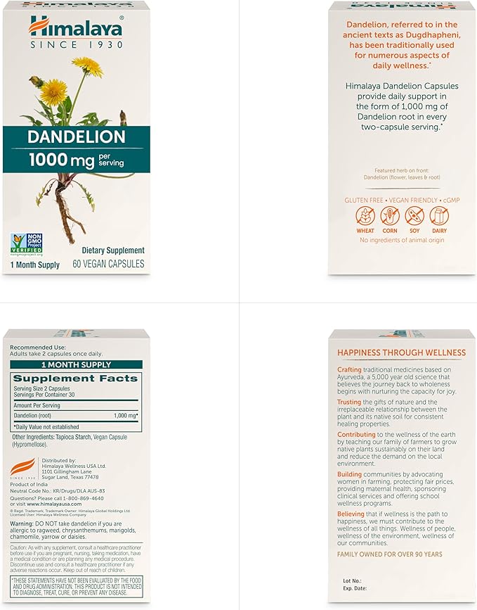 Himalaya Dandelion, Herbal Supplement for Daily Wellness Support, Vegan, Gluten Free, 1,000 mg Dandelion Root, 60 Capsules