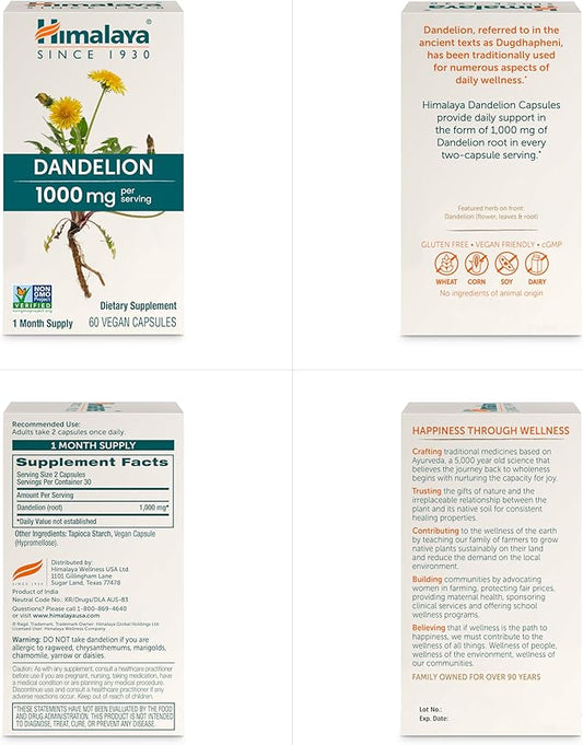 Himalaya Dandelion, Herbal Supplement for Daily Wellness Support, Vegan, Gluten Free, 1,000 mg Dandelion Root, 60 Capsules