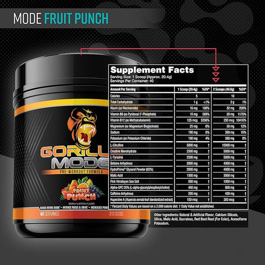 Gorilla Mind Pre Workout - Massive Pumps Laser Focus Energy Power - L-Citrulline, Creatine, L-Tyrosine, Betaine, Hydroprime, Alpha-GPC, 400mg Caffeine, Huperzine A - 816g (Fruit Punch)