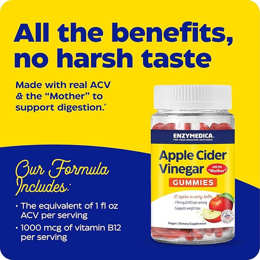 Enzymedica, Apple Cider Vinegar Gummies, Made with The Mother, 12 Organic, USA-Grown Apples per Bottle,[c][d] 1000 mcg Vitamin B12 per Serving, Natural Apple, 74 Count